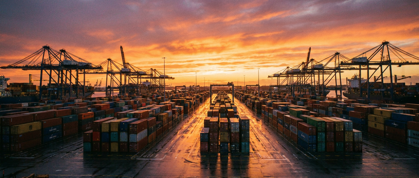Container port at sunset — global flooring sourcing