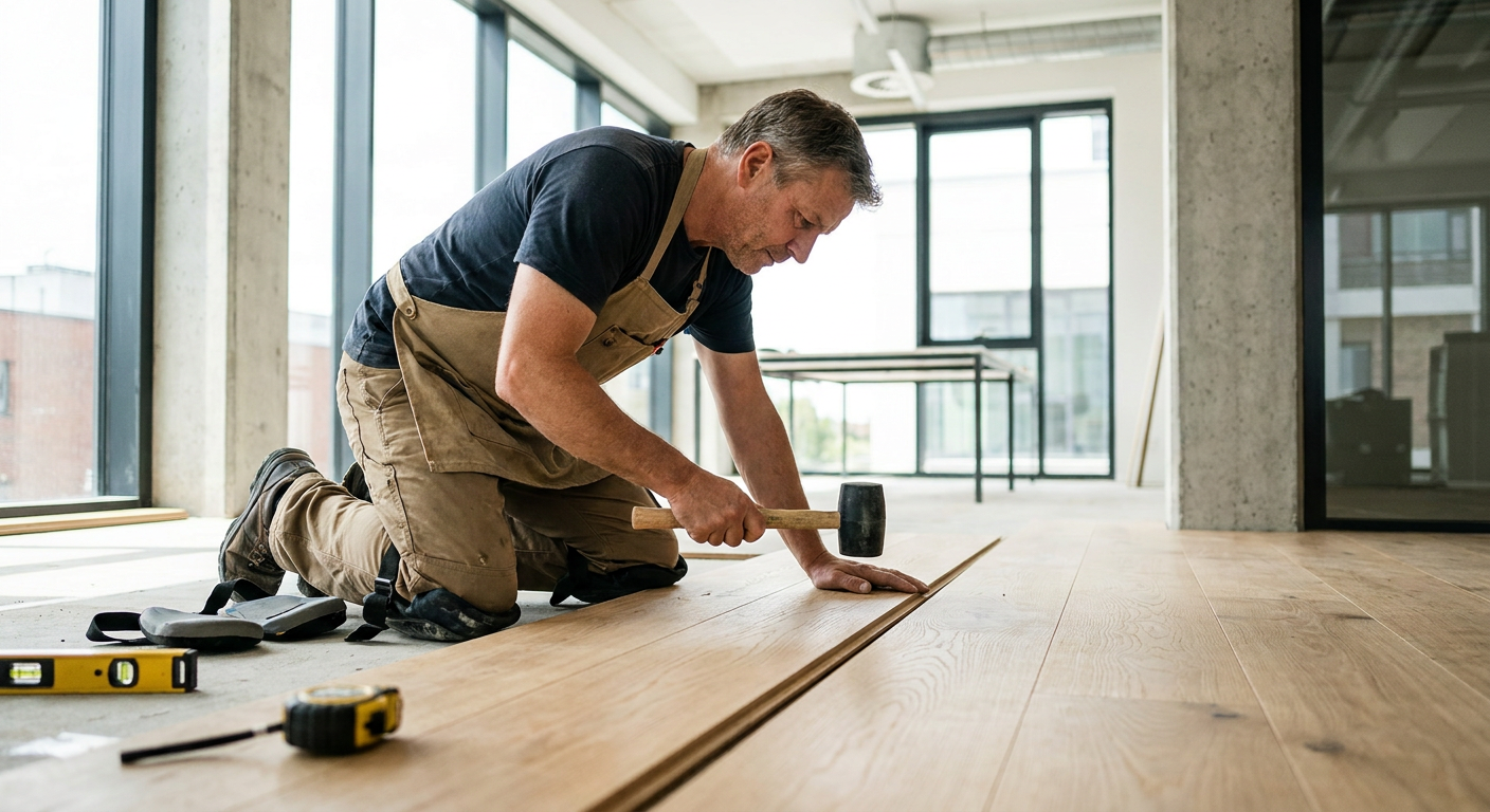 Professional flooring installer fitting engineered timber